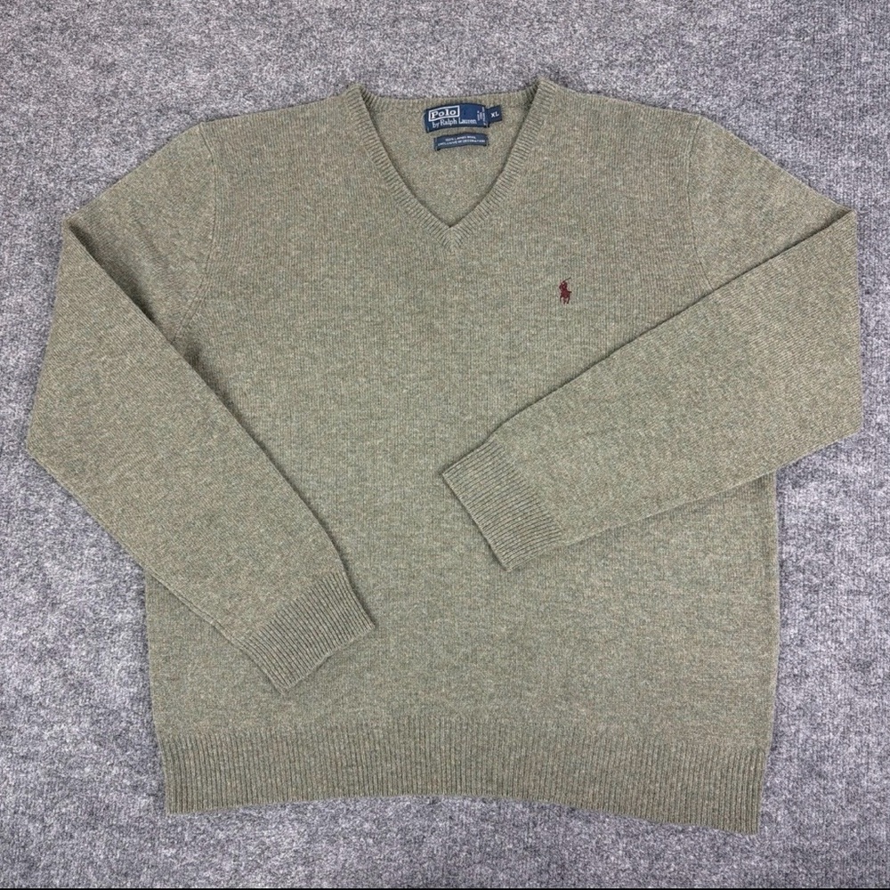 Ralph Lauren V-Neck Sweater in Heathered Olive with Burgundy Pony